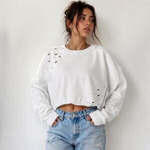 Honey Punch Distressed Cropped Sweatshirt White Side Zip Grunge Size L